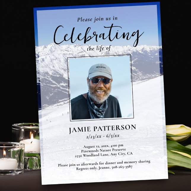 Skier Snowboarder Life Celebration Photo Funeral Invitation (Creator Uploaded)