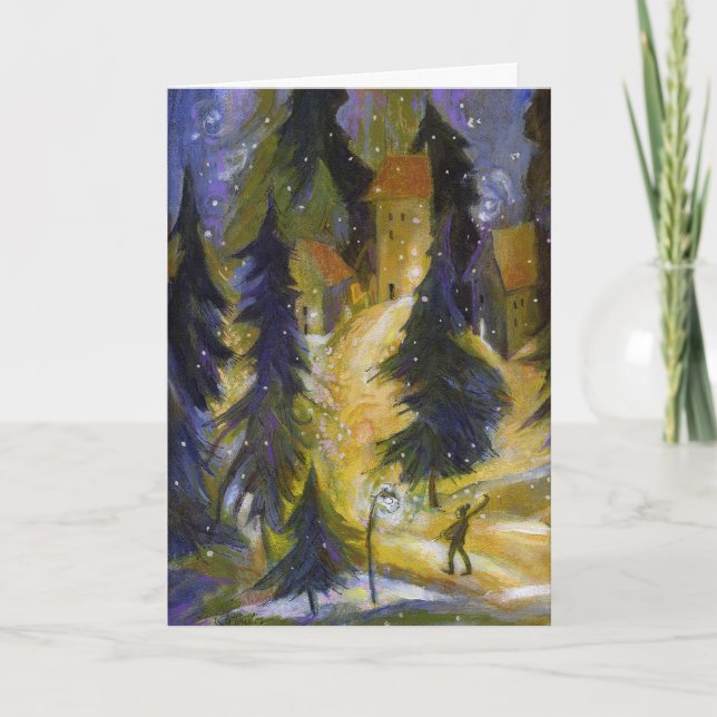 Skier Winter Village Night Card (Front)