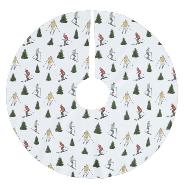 Skier Women And Fir Trees Winter Christmas Brushed Polyester Tree Skirt (Front)