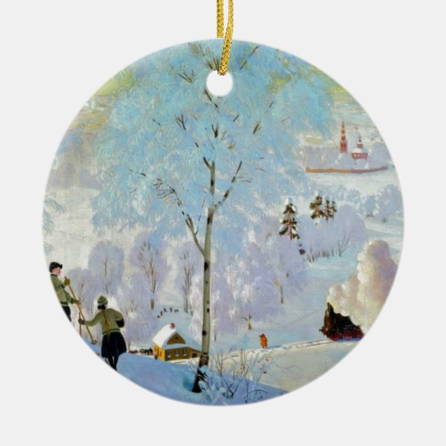 Skiers 1919 ceramic tree decoration (Front)