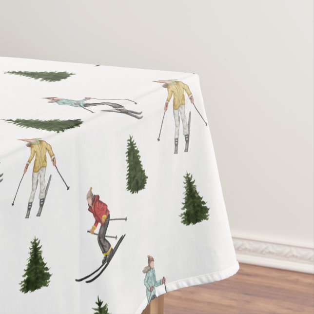 Skiers And Fir Trees Watercolor Christmas Pattern Tablecloth (In Situ)