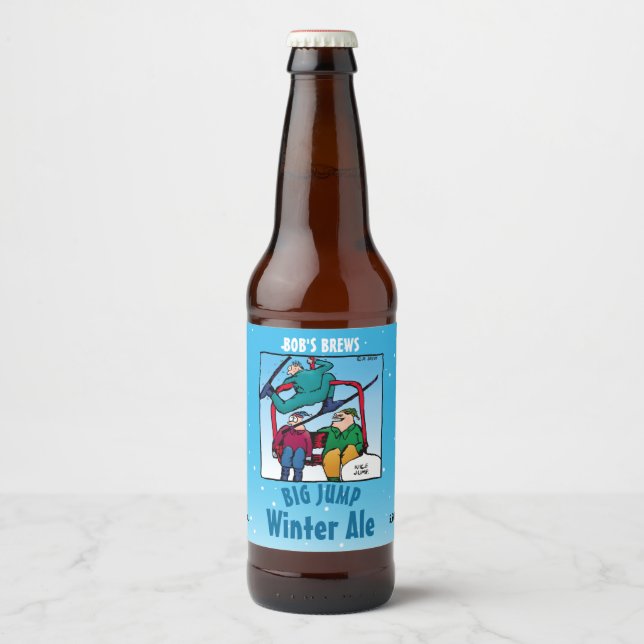 Skiers Cartoon Winter Ale Beer Bottle Label (Front)