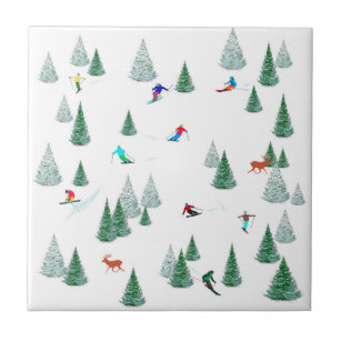 Skiers Downhill Skiing Design  Tile