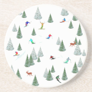 Skiers Downhill Skiing Illustration Coaster