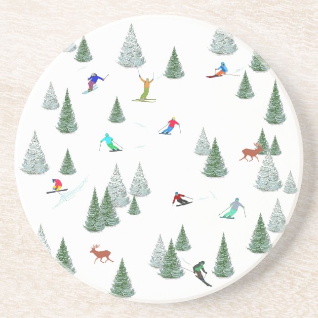 Skiers Downhill Skiing Illustration  Coaster (Front)