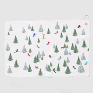 Skiers Downhill Skiing Illustration  Golf Towel