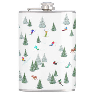 Skiers Downhill Skiing Illustration  Hip Flask