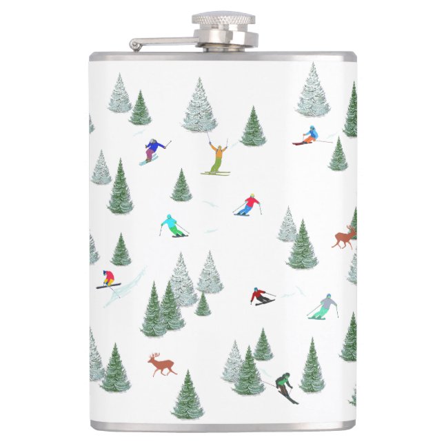 Skiers Downhill Skiing Illustration  Hip Flask (Front)