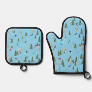 Skiers Downhill Skiing Illustration Pale Blue Oven Mitt & Pot Holder Set