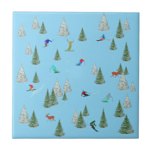 Skiers Downhill Skiing Illustration Pale Blue Tile