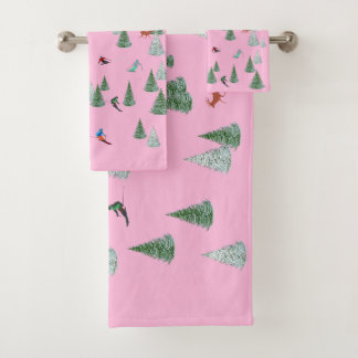 Skiers Downhill Skiing Illustration Pastel Pink Bath Towel Set