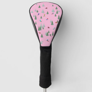 Skiers Downhill Skiing Illustration Pastel Pink Golf Head Cover