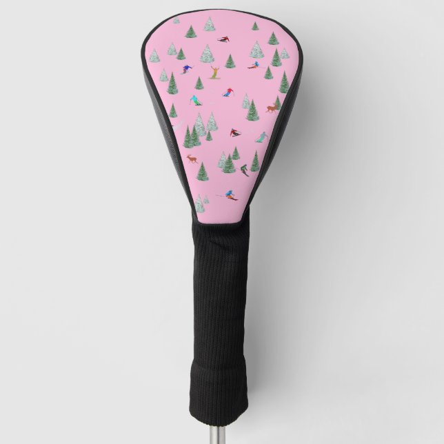 Skiers Downhill Skiing Illustration Pastel Pink Golf Head Cover (Front)