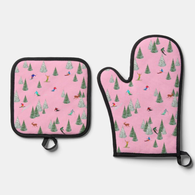 Skiers Downhill Skiing Illustration Pink Oven Mitt & Pot Holder Set (Front)