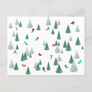 Skiers Downhill Skiing Illustration Ski Party Holiday Postcard