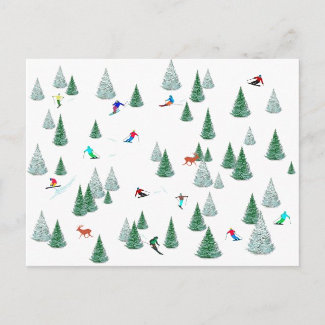 Skiers Downhill Skiing Illustration Ski Party   Holiday Postcard (Front)