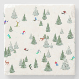 Skiers Downhill Skiing Illustration Stone Coaster