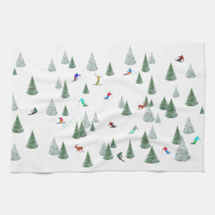 Skiers Downhill Skiing Illustration  Tea Towel