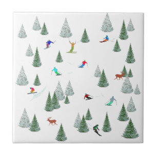 Skiers Downhill Skiing Illustration White  Tile