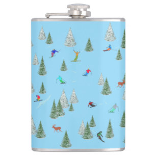 Skiers Downhill Skiing Pastel Blue Hip Flask