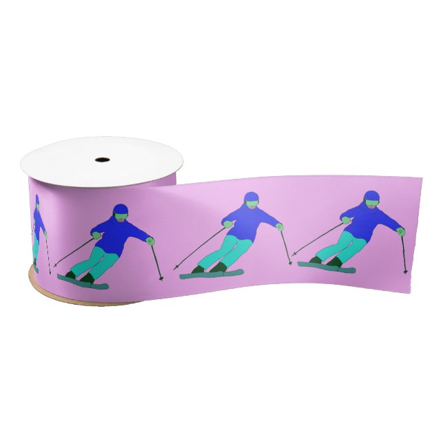 Skiers Downhill Skiing Pastel Pink Satin Ribbon (Spool)
