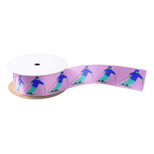 Skiers Downhill Skiing Pastel Pink Satin Ribbon