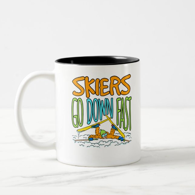 Skiers Go Down Fast Funny Ski Skiing Lover Two-Tone Coffee Mug (Left)