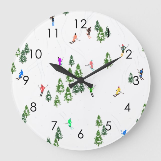 Skiers Skiing Illustration Ski Winter Slope Large Clock (Front)