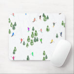 Skiers Skiing Illustration Ski Xmas Christmas  Mouse Mat<br><div class="desc">Cool winter themed skier pattern design with skiers skiing down alpine ski resort slopes among snow covered fir trees in alps. Freeride skiers are wearing colourful vintage retro ski suits, skiing downhill with skis on a white snowy mountain landscape background. Wonderful winter sport fun gift for a skier in your...</div>