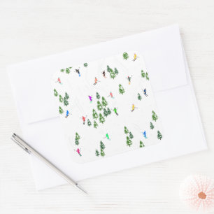 Skiers Skiing Illustration Ski Xmas Christmas   Square Sticker