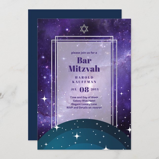 Skies Above BAR MITZVAH Galaxy Blue Gold Elegant Invitation (Front/Back)