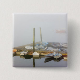 Skiffs and morning fog in Southwest Harbour, 15 Cm Square Badge