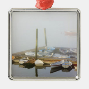 Skiffs and morning fog in Southwest Harbour, Metal Tree Decoration