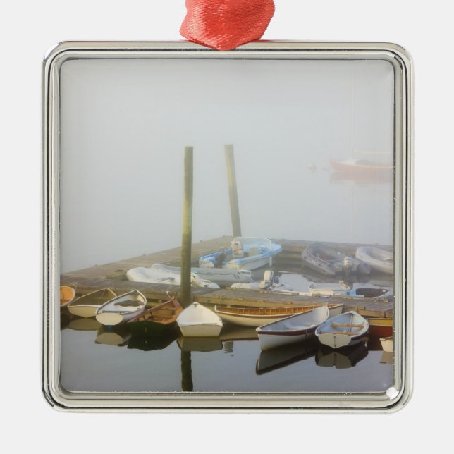 Skiffs and morning fog in Southwest Harbour, Metal Tree Decoration (Front)