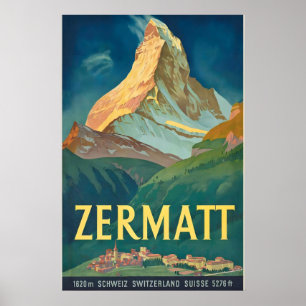 Skiing Alps Zermatt Switzerland Vintage Travel Poster