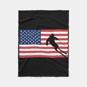 Skiing American Flag Ski Skier Men Women Snow Skii Fleece Blanket