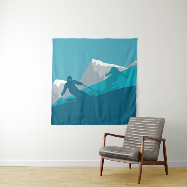 Skiing At Mountains - Skiers Abstract Illustration Tapestry (In Situ)