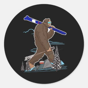 Skiing Bigfoot Funny Sasquatch Ski For Winter Skie Classic Round Sticker