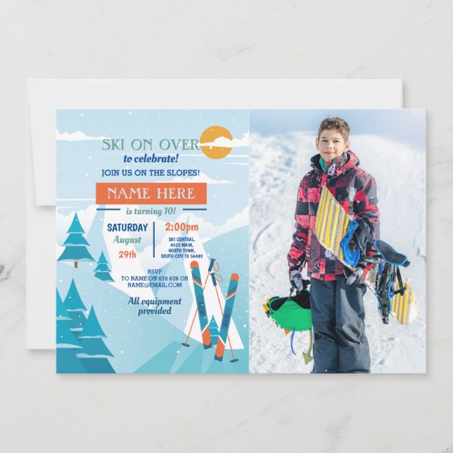 Skiing Birthday Party Slopes Ski Photo Snow  Invitation (Front)