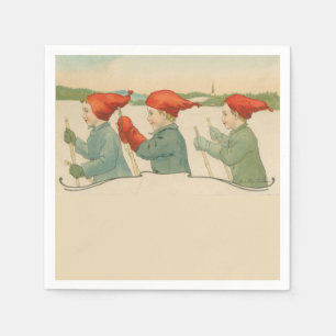 Skiing boys, Old Scandinavian, Christmas Napkin