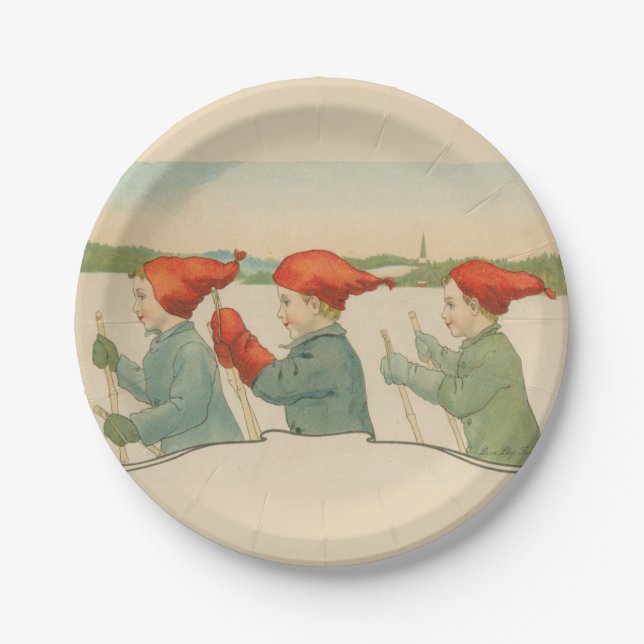 Skiing boys, Old Scandinavian, Christmas Paper Plate (Front)