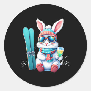 Skiing Bunny With Goggles, Scarf, Hat, And Sparkli Classic Round Sticker