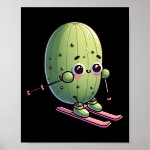 Skiing Cactus Cute Alpine Snow Kawaii Cartoon Poster