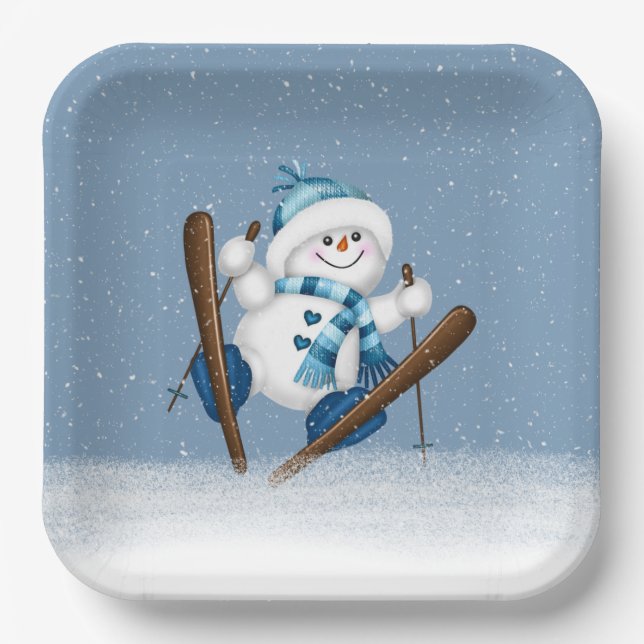Skiing Christmas Snowman  Paper Plate (Front)