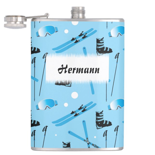 Skiing Equipment Pattern Blue Personalised Hip Flask (Opened)