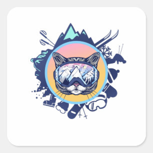Skiing Fan Cat with Ski Glasses Square Sticker