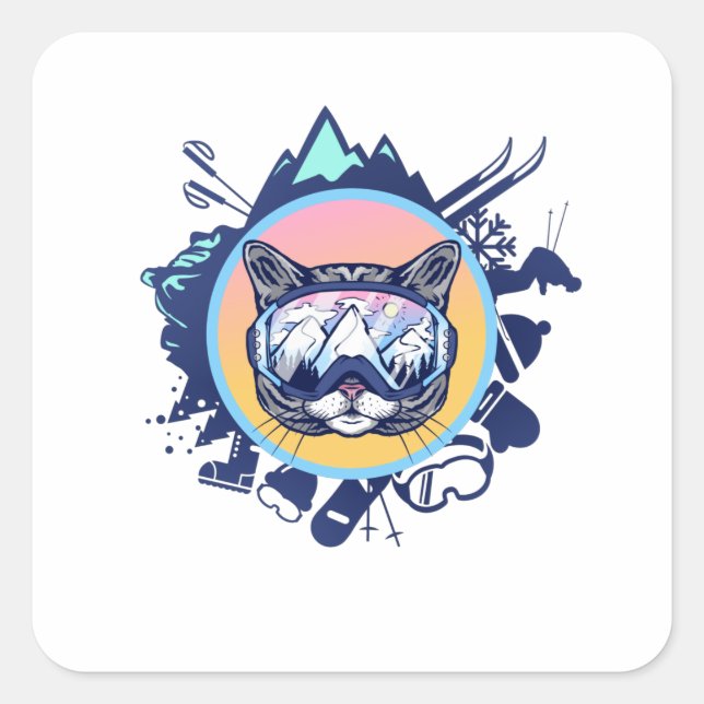Skiing Fan Cat with Ski Glasses Square Sticker (Front)