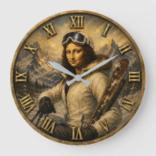 Skiing Funny Mona Lisa Skier Gift Large Clock