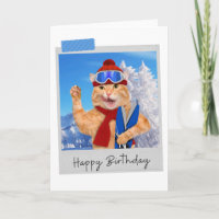 Skiing Ginger Cat Funny Birthday Card