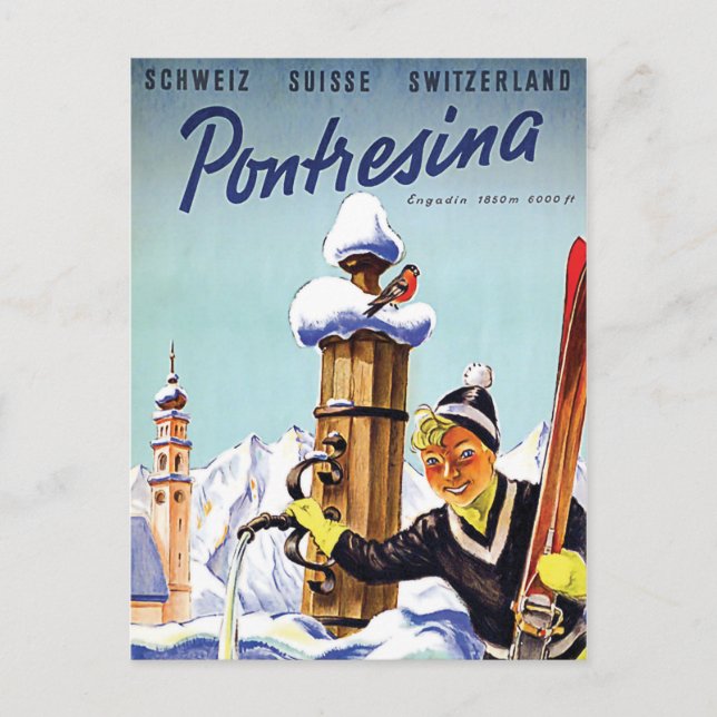 Skiing girl in Pontresina, Switzerland Postcard (Front)